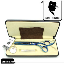 Ножницы для филировки волос SMITH CHU синего цвета,  с односторонним узоров в виде цветов сакуры 15 см