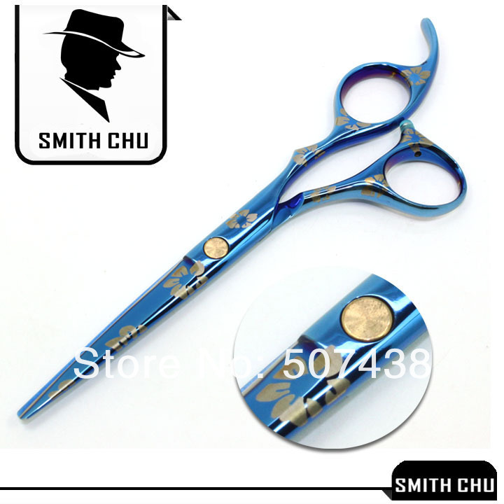 Ножницы парикмахерские SMITH CHU для стрижки волос , синего цвета, с односторонним рисунком 15 см